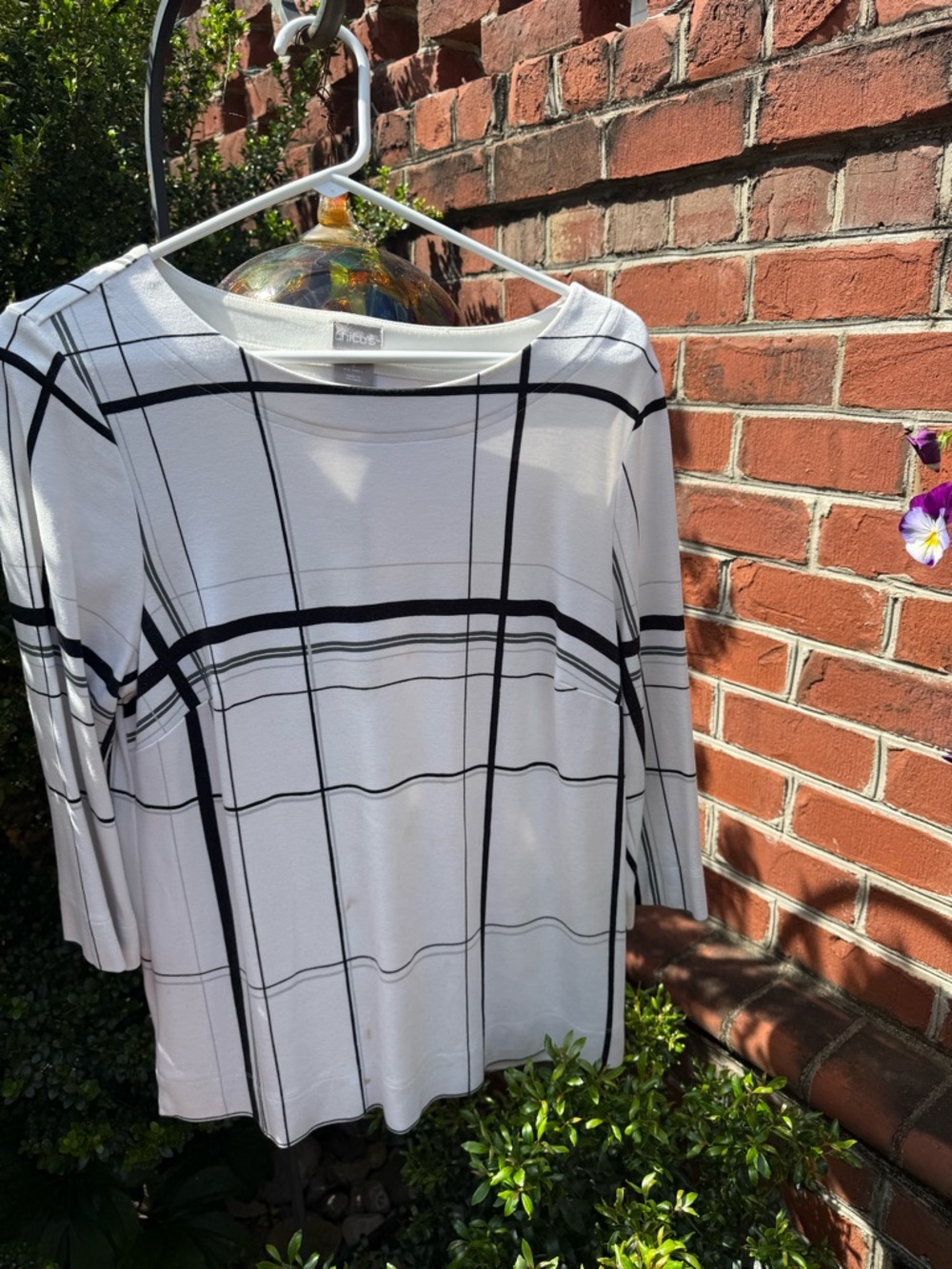 Chico's White Top with Black Windowpane Plaid